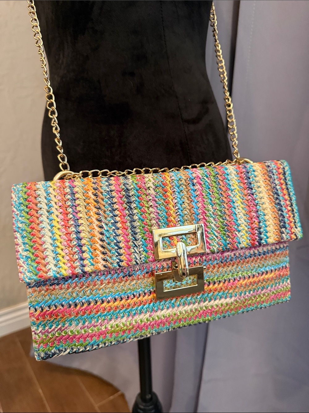 BRAND NEW!  Multicolor Woven Chain-Shoulder Clutch